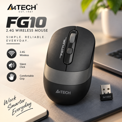 A4Tech FG10 2.4GHz Wireless Optical Mouse – Silent Click, Ergonomic Symmetric Design, 10-15M Range, Nano USB Receiver & Long Battery Life